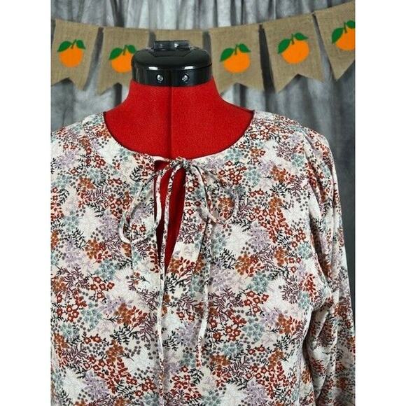 LOFT Blouse Womens Medium Brown Long Sleeve Floral Semi Sheer Tie Neck - Picture 2 of 7